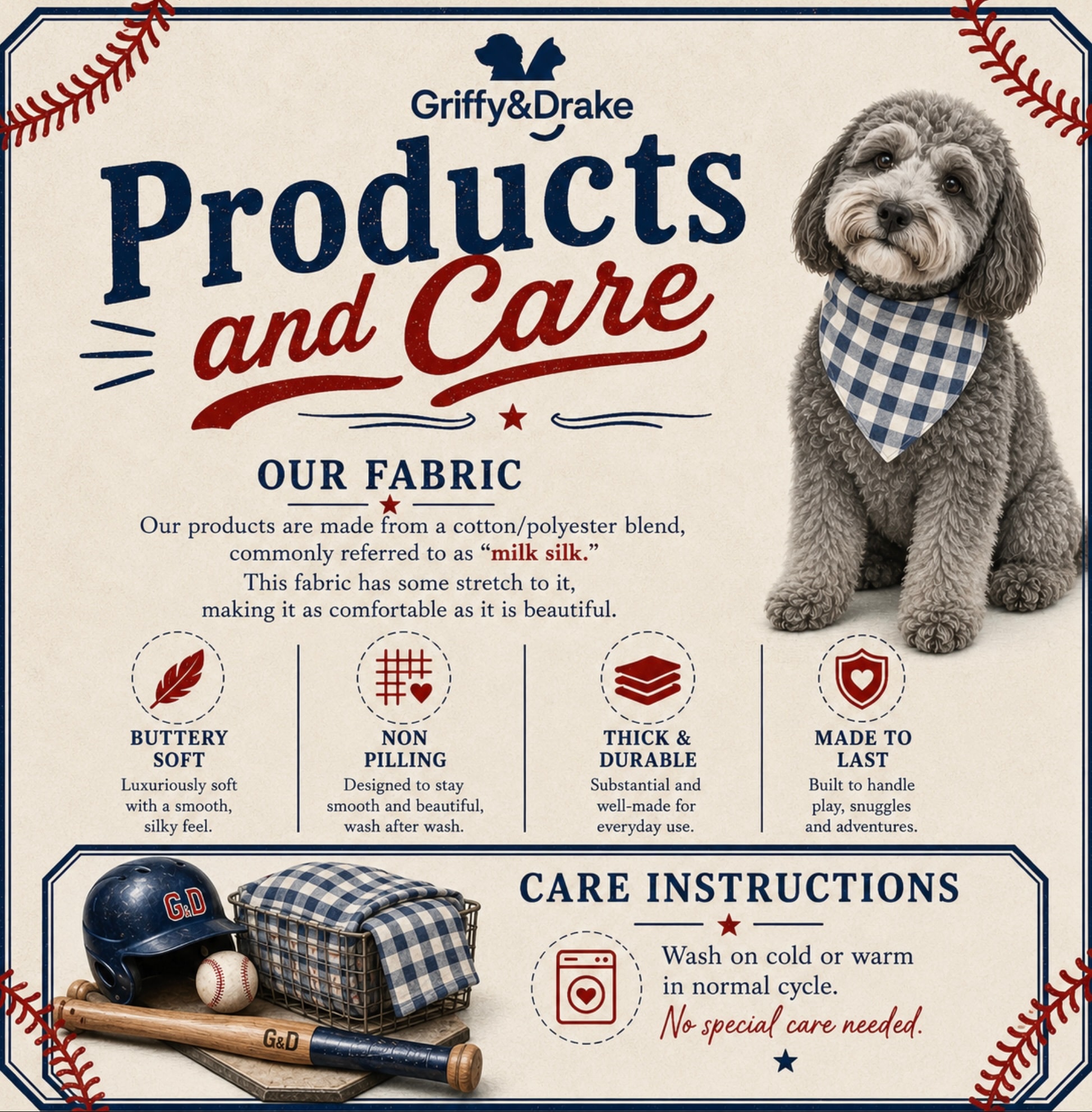 Griffy & Drake Products and Care — fabric details and washing instructions