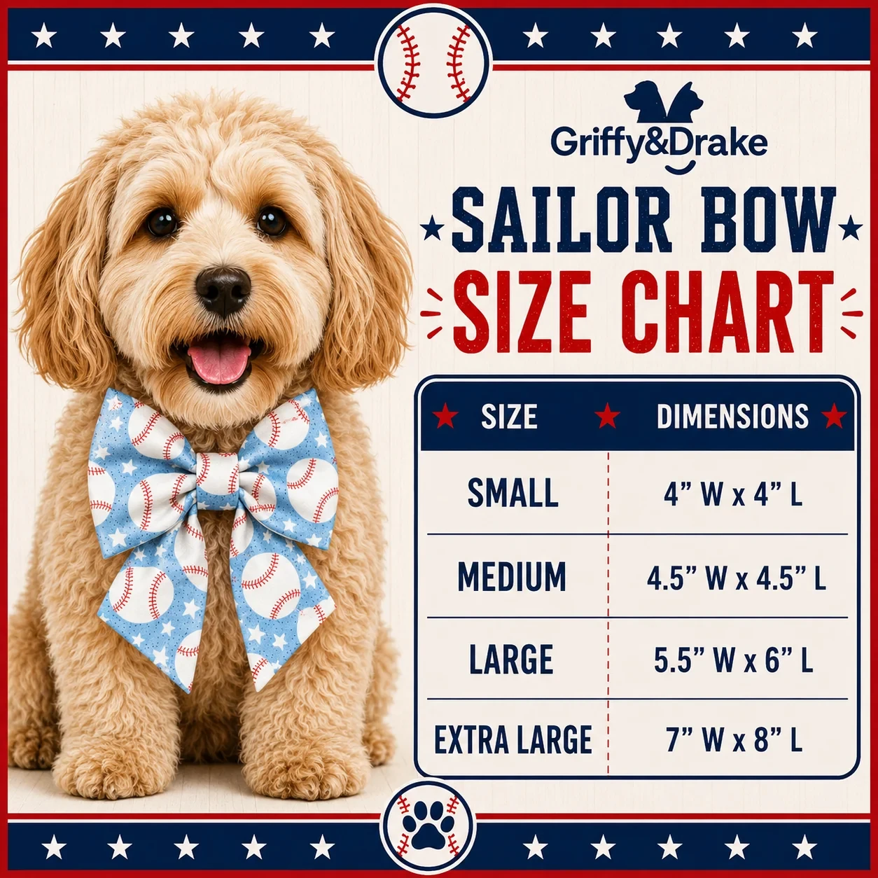 Griffy Sailor Bow size chart — Small through Extra Large by dimensions