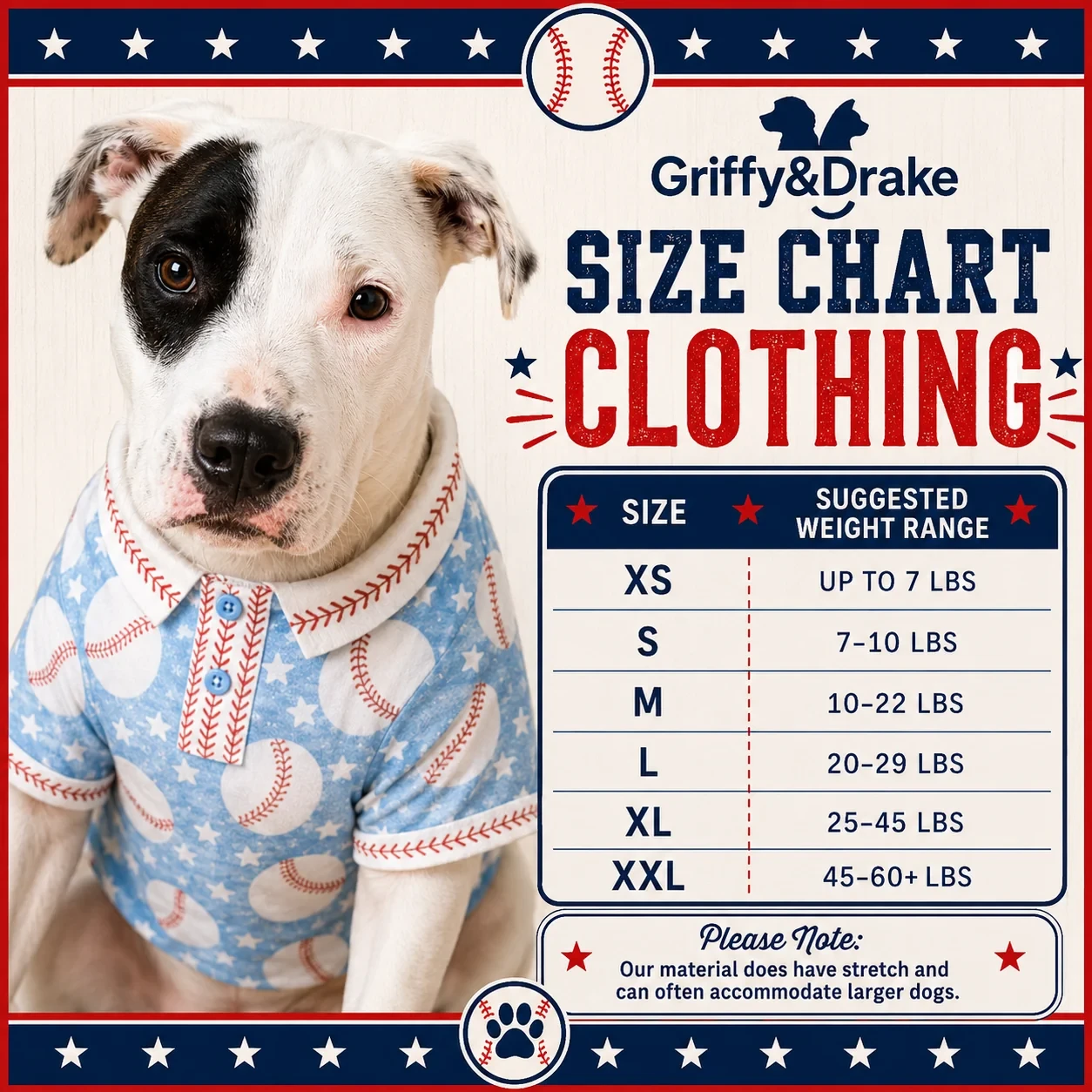 Clothing size chart — XS through XXL by suggested weight range